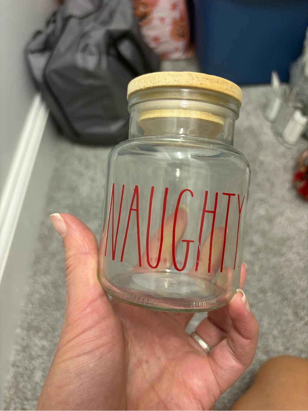 Rae Dunn Clear Glass Jar with Red "NAUGHTY" Lettering and Wood Lid